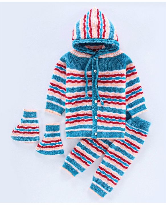 Babyhug Full Sleeves Hooded Sweater Set with Booties - Blue