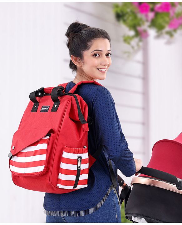 Babyhug Multifunctional Backpack Style Diaper Bag - Red and White