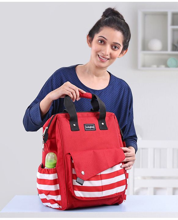 Babyhug Multifunctional Backpack Style Diaper Bag - Red and White