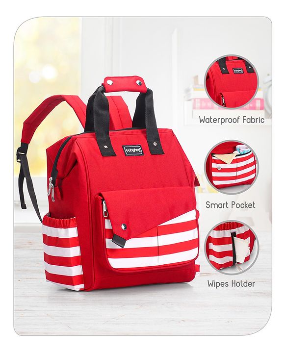 Babyhug Multifunctional Backpack Style Diaper Bag - Red and White