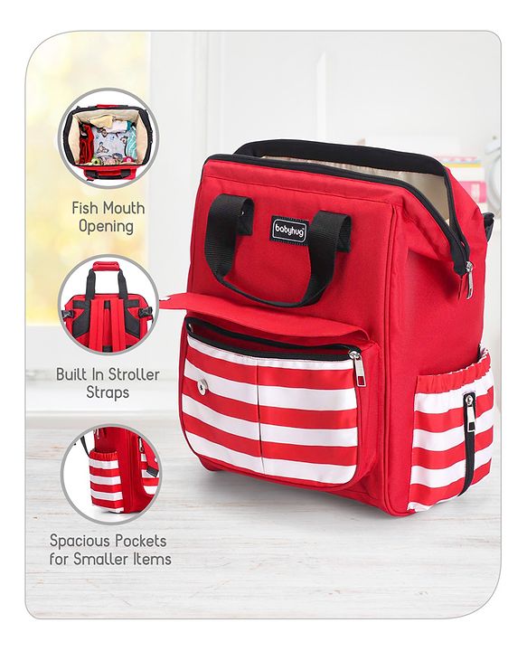 Babyhug Multifunctional Backpack Style Diaper Bag - Red and White