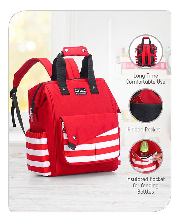 Babyhug Multifunctional Backpack Style Diaper Bag - Red and White