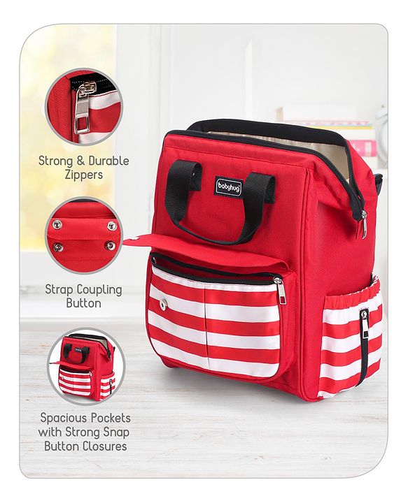 Babyhug Multifunctional Backpack Style Diaper Bag - Red and White