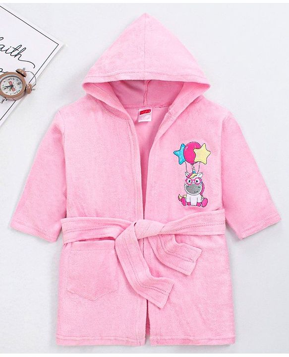 Babyhug Full Sleeves Bathrobe With Hood Unicorn Embroidery - Pink