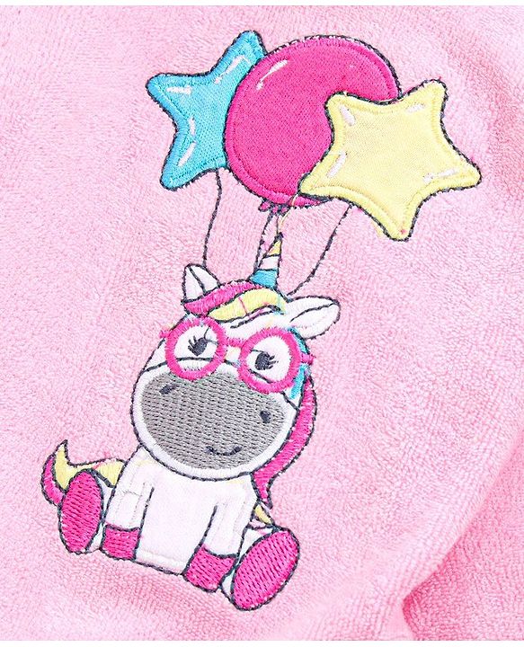 Babyhug Full Sleeves Bathrobe With Hood Unicorn Embroidery - Pink