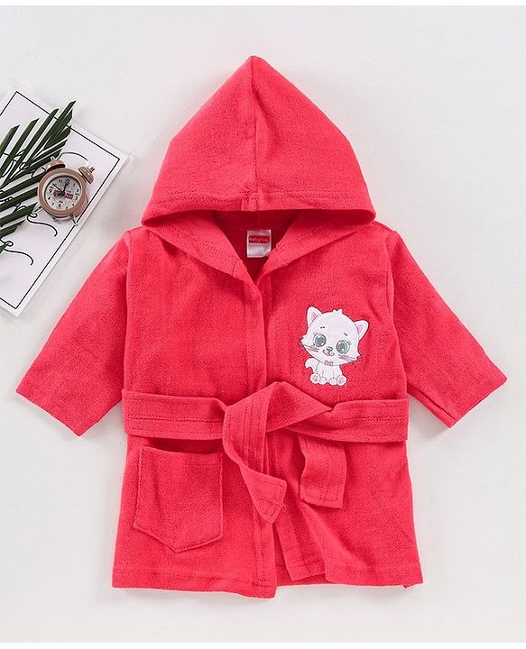 Babyhug Full Sleeves Hooded Bathrobe Kitty Embroidery - Pink