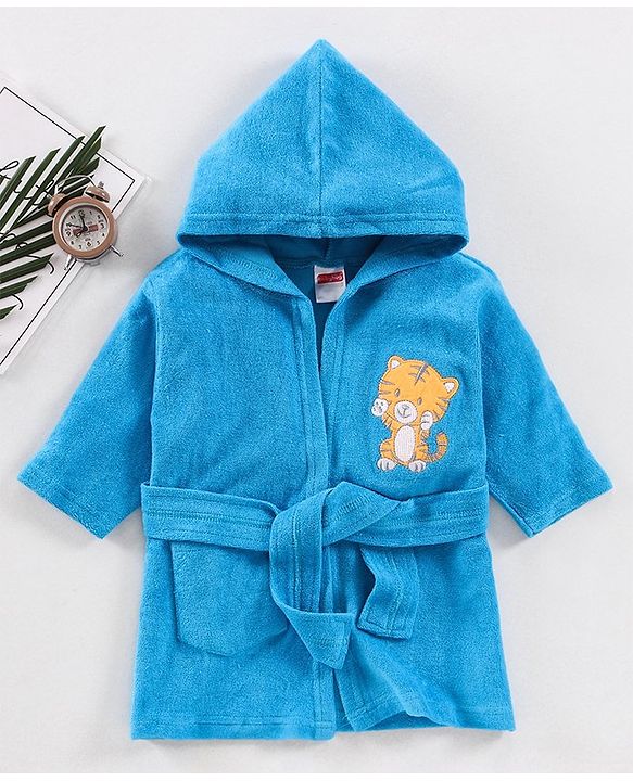Babyhug Full Sleeves Bathrobe Tiger Print - Blue