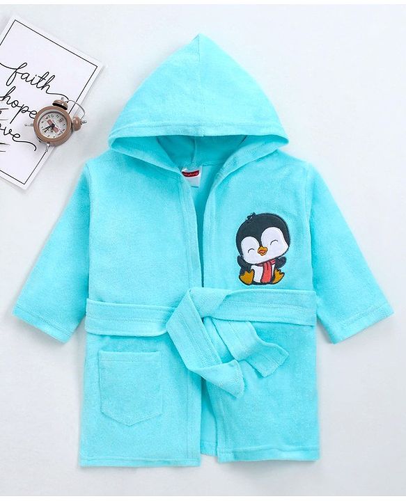 Babyhug Full Sleeves Bathrobe With Hood Penguin Embroidery - Blue