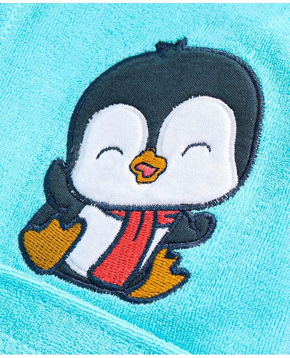 Babyhug Full Sleeves Bathrobe With Hood Penguin Embroidery - Blue