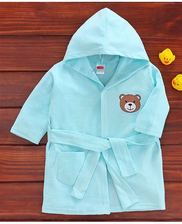 Babyhug Three Fourth Sleeves Hooded Bath Robe Bear Patch - Blue