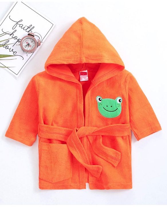 Babyhug Three Fourth Sleeves Hooded Bath Robe Frog Embroidery - Orange