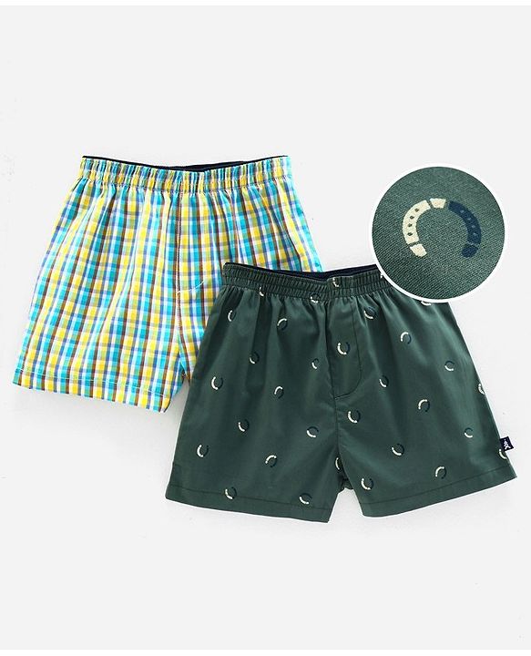 Pine Kids Peach Wash Finish Above Kee Length Boxers Pack of 2 - Green Yellow