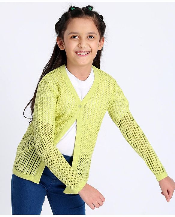 Pine Kids Full Sleeves Front Open Sweater - Lime Green