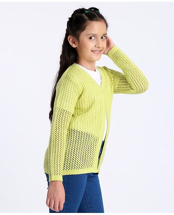 Pine Kids Full Sleeves Front Open Sweater - Lime Green