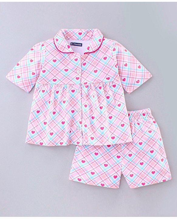 Pine Kids Half Sleeves Biowashed Night Suit Heart Print - Pink