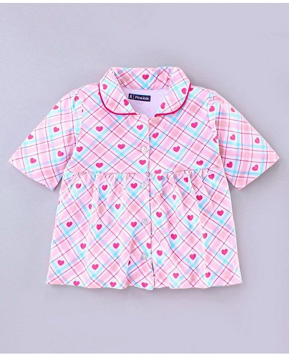 Pine Kids Half Sleeves Biowashed Night Suit Heart Print - Pink