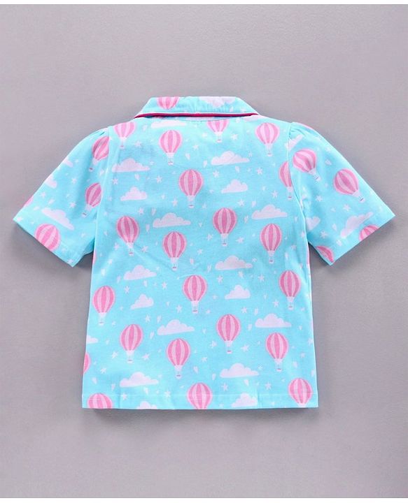 Pine Kids Half Sleeve Biowashed Top and Capri Pants Set Hot Air Balloon & Clouds Print - Blue