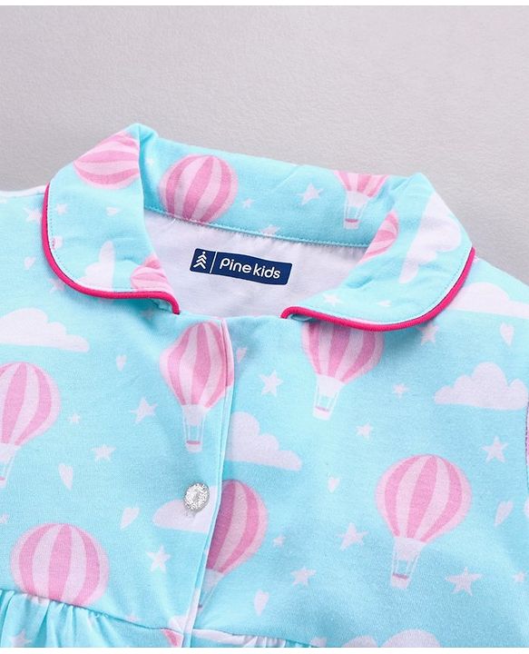 Pine Kids Half Sleeve Biowashed Top and Capri Pants Set Hot Air Balloon & Clouds Print - Blue