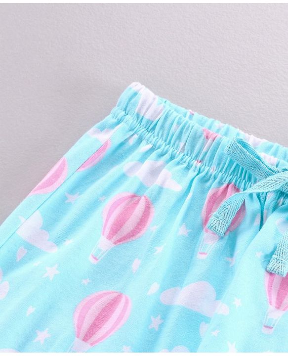 Pine Kids Half Sleeve Biowashed Top and Capri Pants Set Hot Air Balloon & Clouds Print - Blue