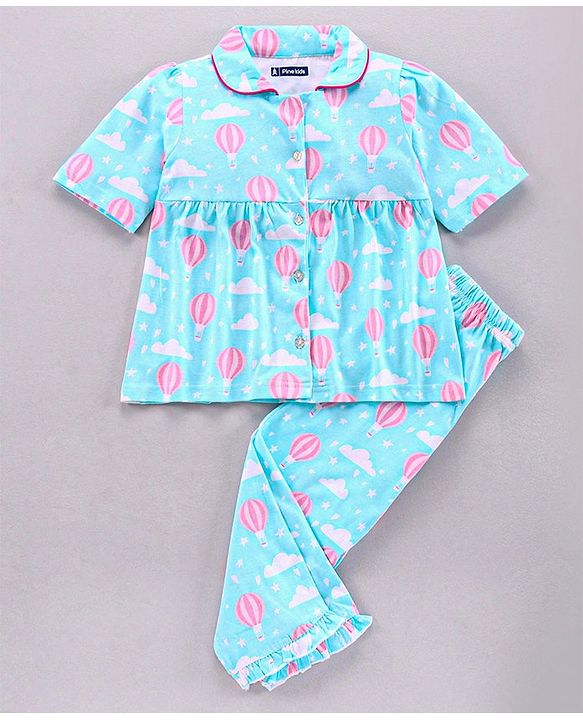 Pine Kids Half Sleeve Biowashed Top and Capri Pants Set Hot Air Balloon & Clouds Print - Blue