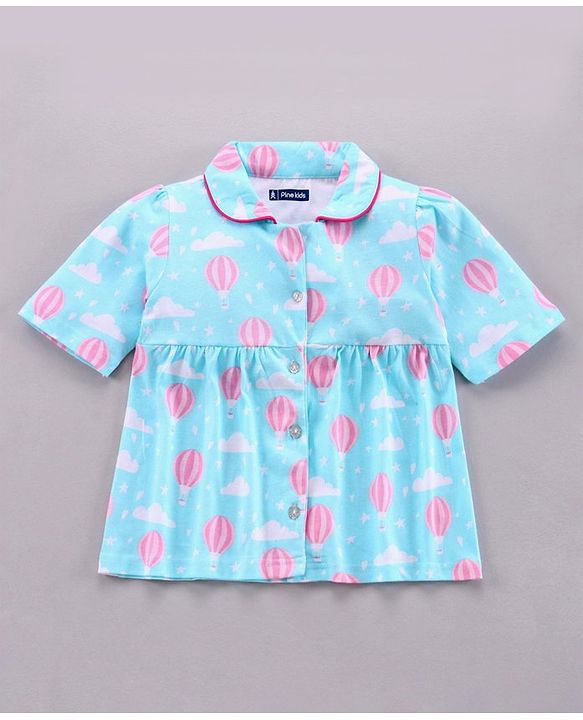Pine Kids Half Sleeve Biowashed Top and Capri Pants Set Hot Air Balloon & Clouds Print - Blue