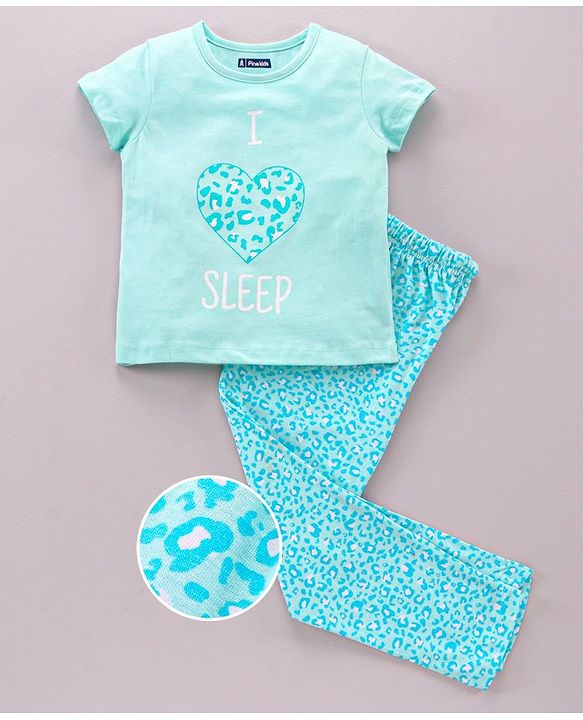 Pine Kids Half Sleeves Bio Washed T-Shirt & Pajama Heart Print - Blue