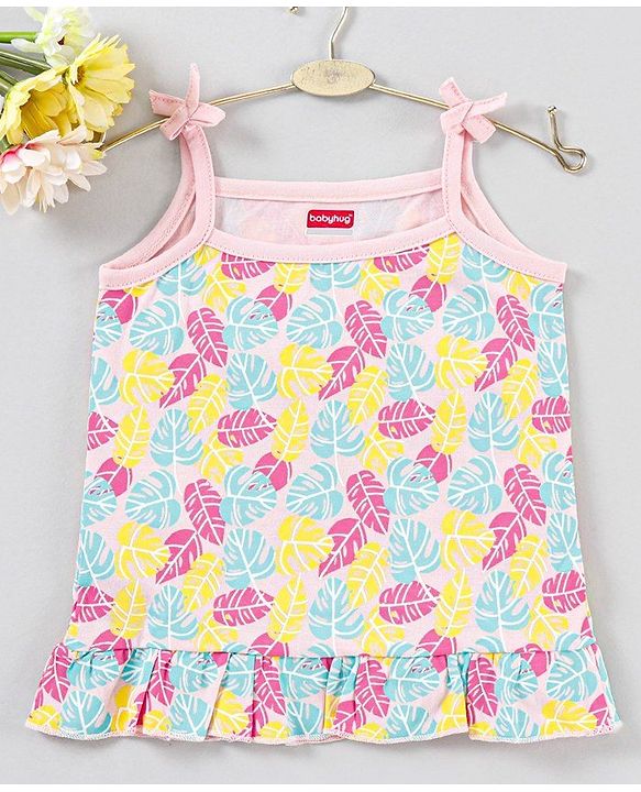 Babyhug Singlet Sleeves Top Leaf Print - Pink