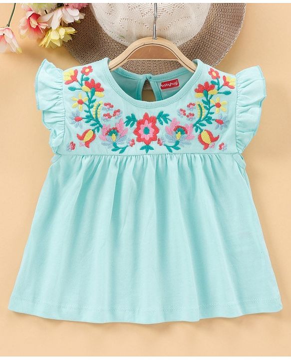 Babyhug Flutter Sleeves Frock Style Top Floral Embroidered - Blue