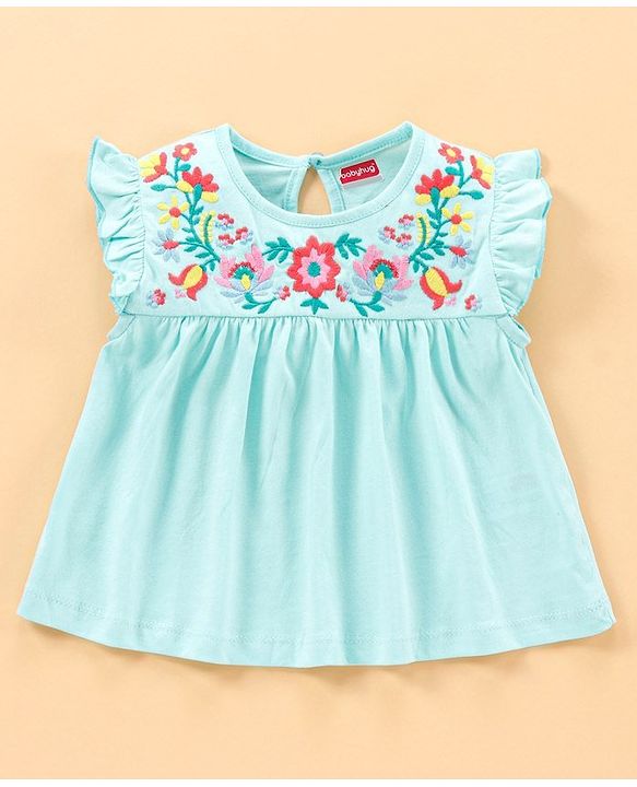 Babyhug Flutter Sleeves Frock Style Top Floral Embroidered - Blue
