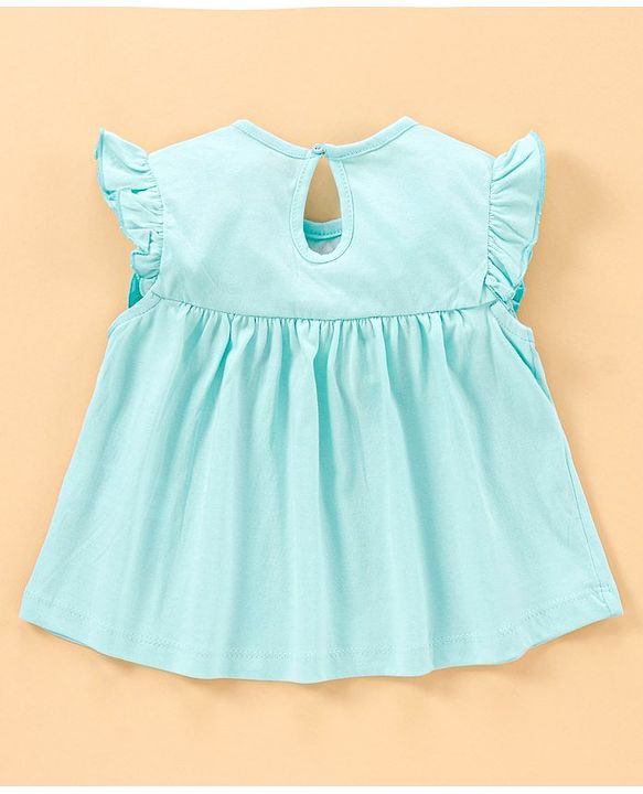 Babyhug Flutter Sleeves Frock Style Top Floral Embroidered - Blue
