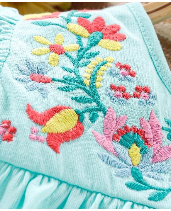 Babyhug Flutter Sleeves Frock Style Top Floral Embroidered - Blue