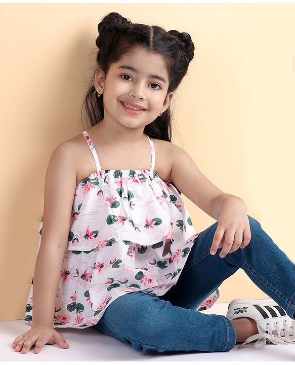 Babyhug Sleeveless Top Floral Print - White