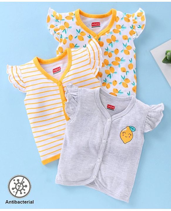 Babyhug 100% Cotton Antibacterial Short Sleeve Vests Lemon Print Pack of 3 - Yellow Grey White