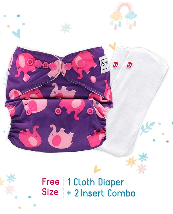 Babyhug Free Size Reusable Cloth Nappies  With 2 SmartDry Inserts Elephant Print - Violet