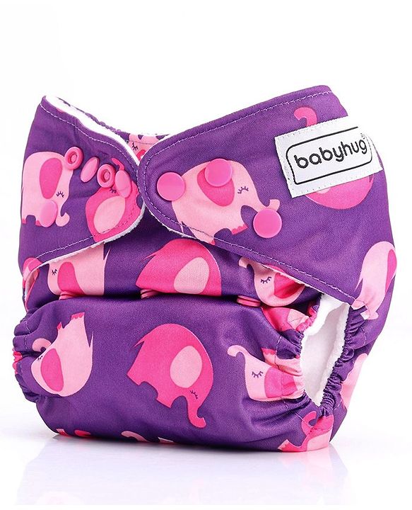 Babyhug Free Size Reusable Cloth Nappies  With 2 SmartDry Inserts Elephant Print - Violet