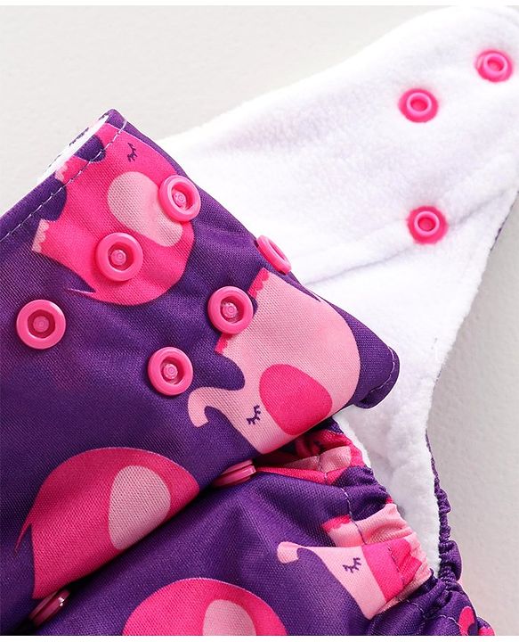 Babyhug Free Size Reusable Cloth Nappies  With 2 SmartDry Inserts Elephant Print - Violet