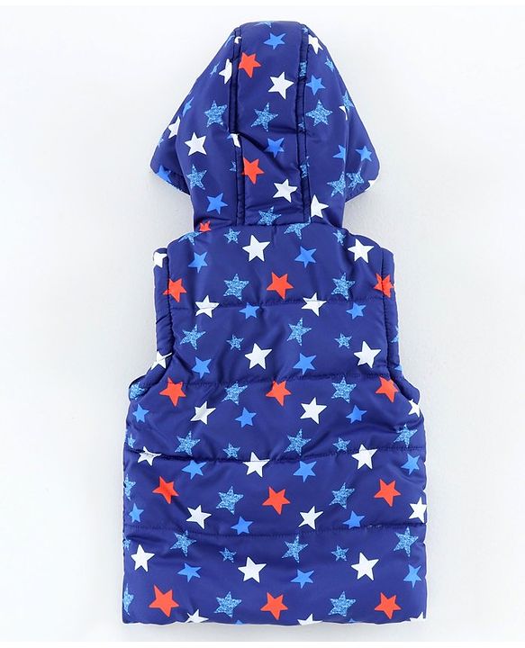 Babyhug Sleeveless Jacket with Hood Star Print - Blue