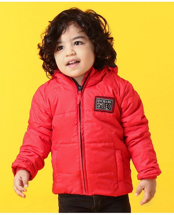 Babyhug Full Sleeves Hooded Padded Jacket Text Embroidery - Red