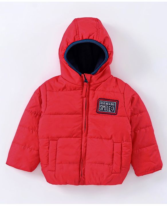 Babyhug Full Sleeves Hooded Padded Jacket Text Embroidery - Red
