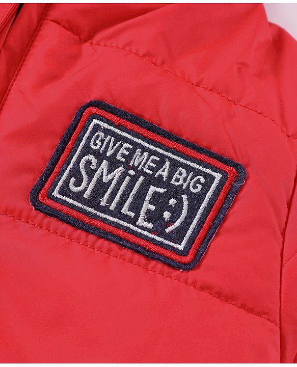 Babyhug Full Sleeves Hooded Padded Jacket Text Embroidery - Red