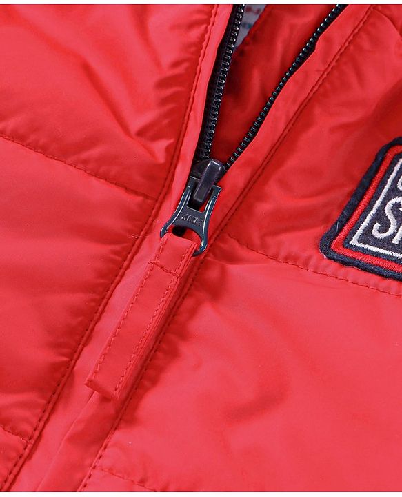 Babyhug Full Sleeves Hooded Padded Jacket Text Embroidery - Red