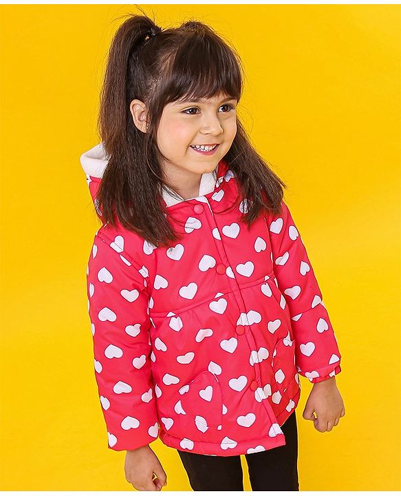Babyhug Full Sleeves Hooded Jacket Heart Print - Red
