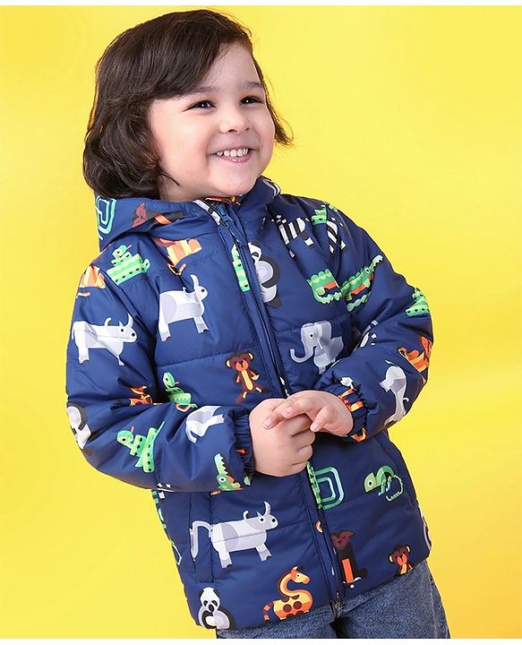 Babyhug Full Sleeves Animal Print Hooded Jacket - Blue