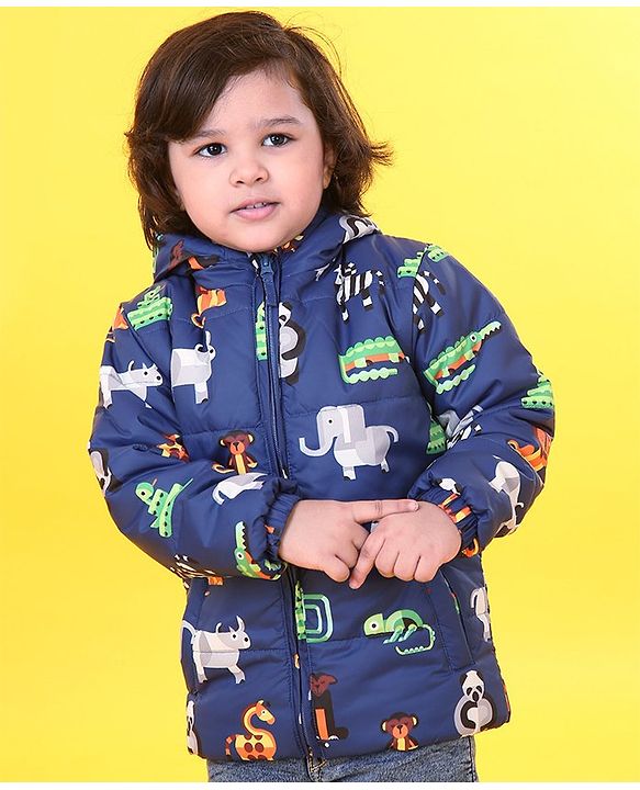 Babyhug Full Sleeves Animal Print Hooded Jacket - Blue