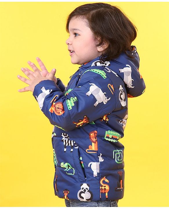 Babyhug Full Sleeves Animal Print Hooded Jacket - Blue