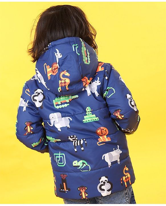 Babyhug Full Sleeves Animal Print Hooded Jacket - Blue