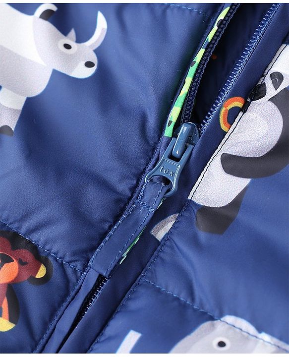 Babyhug Full Sleeves Animal Print Hooded Jacket - Blue