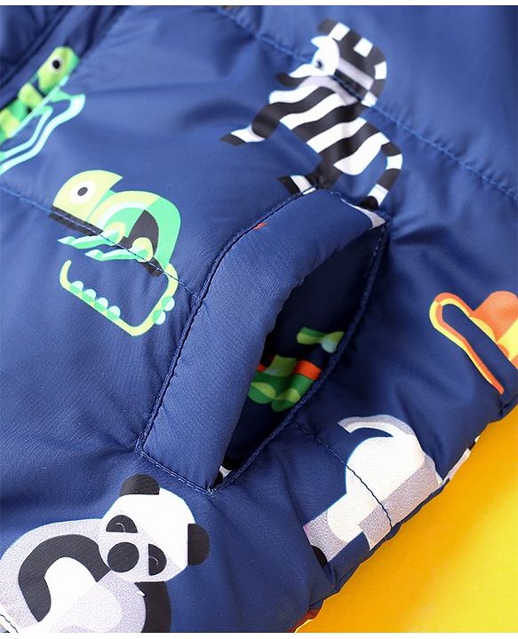 Babyhug Full Sleeves Animal Print Hooded Jacket - Blue