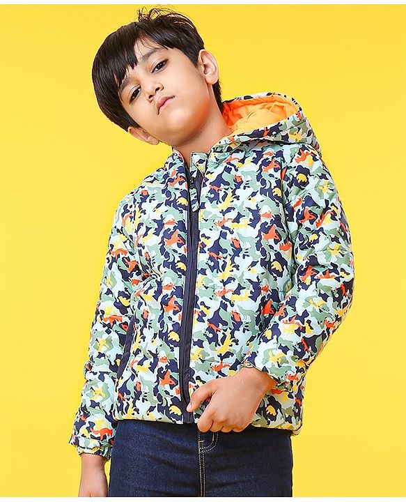 Babyhug Full Sleeves Hooded Padded Jacket Animal Print - Multicolor