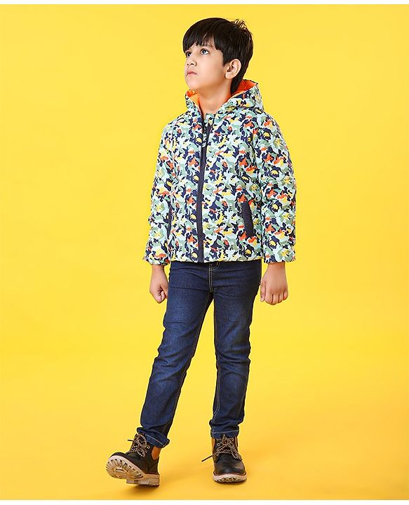 Babyhug Full Sleeves Hooded Padded Jacket Animal Print - Multicolor